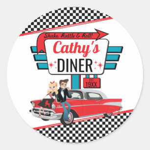 Sticker Rond Retro Diner 1950 White & Red Sock Hop