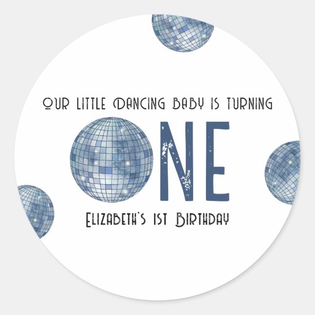 Sticker Rond Retro Disco Ball First Birthday Party (Devant)