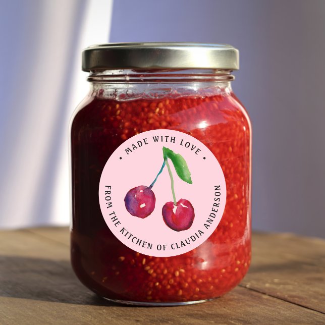 Sticker Rond Retro Emballage Cerise Rose Noël Cuisine cadeau (This cute retro pink cherry label features my own original watercolor artwork.)