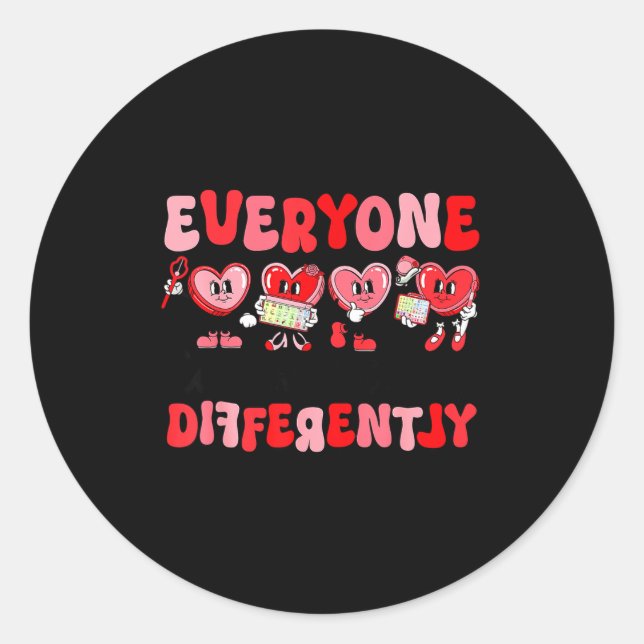 Sticker Rond Retro Everyone Communicates Differently Autism Val (Devant)