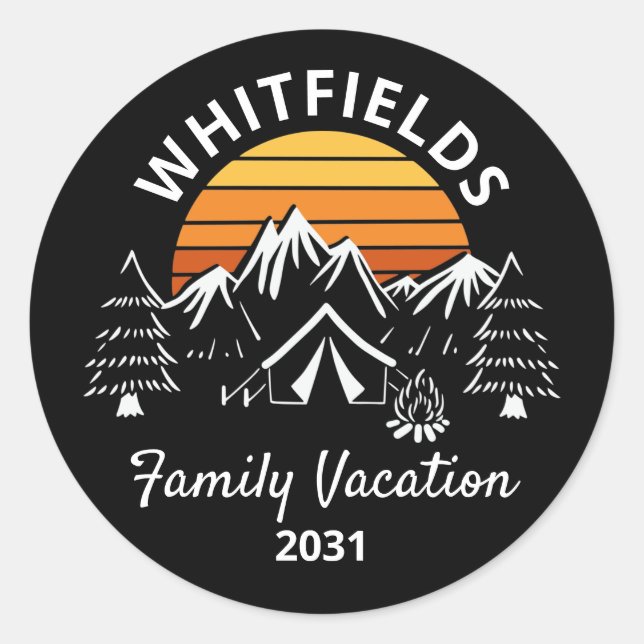 Sticker Rond Retro Famille Camping vacances Nom personnalisé (Devant)