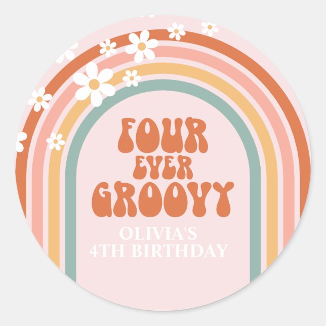 Sticker Rond Retro Four Ever marguerite Super arc-en-ciel 4e an (Devant)
