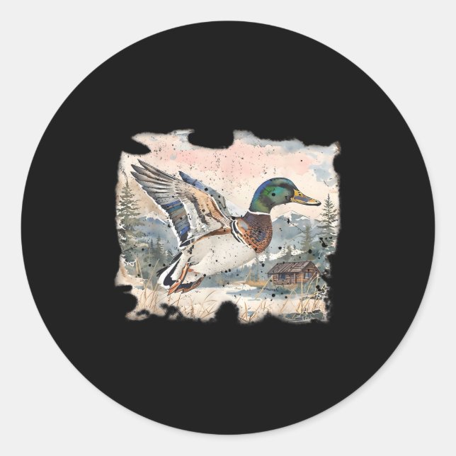 Sticker Rond Retro Funny Mallard Duck Waterfowl Hunting Cozy Se (Devant)