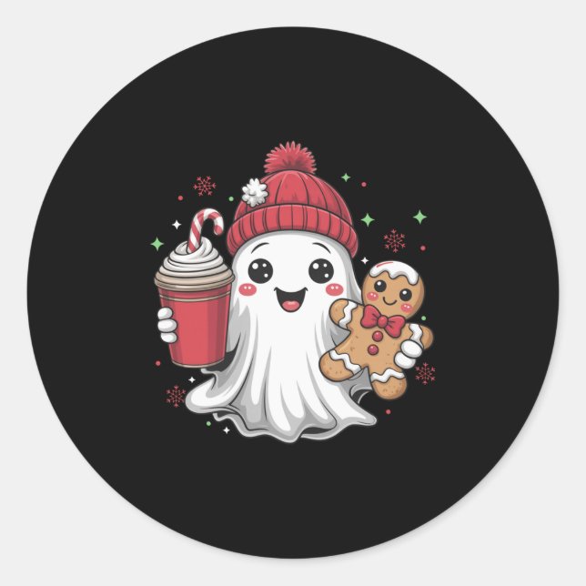 Sticker Rond Retro Ghost Beanie Christmas Holiday Xmas Coffee G (Devant)