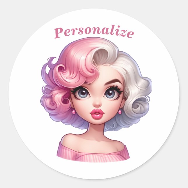 Sticker Rond Retro Glamor Girl Cartoon Animé Personnaliser (Devant)