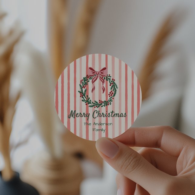 Sticker Rond Retro Green Main rouge tiré Bow Wreath Noël (Créateur téléchargé)