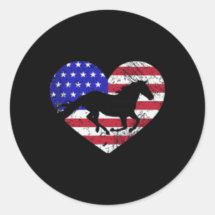 Sticker Rond Retro Horse American Flag Heart 4 juillet Usa Pa