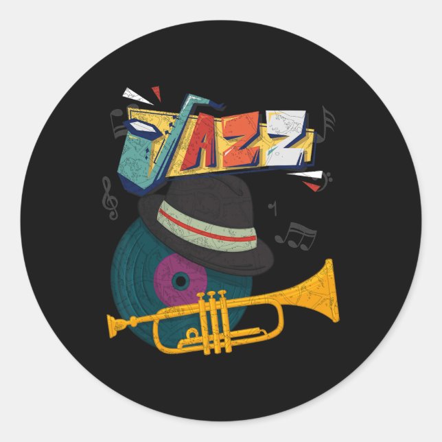 Sticker Rond Retro Jazz Trumpets Funny Player Music Festival Ne (Devant)