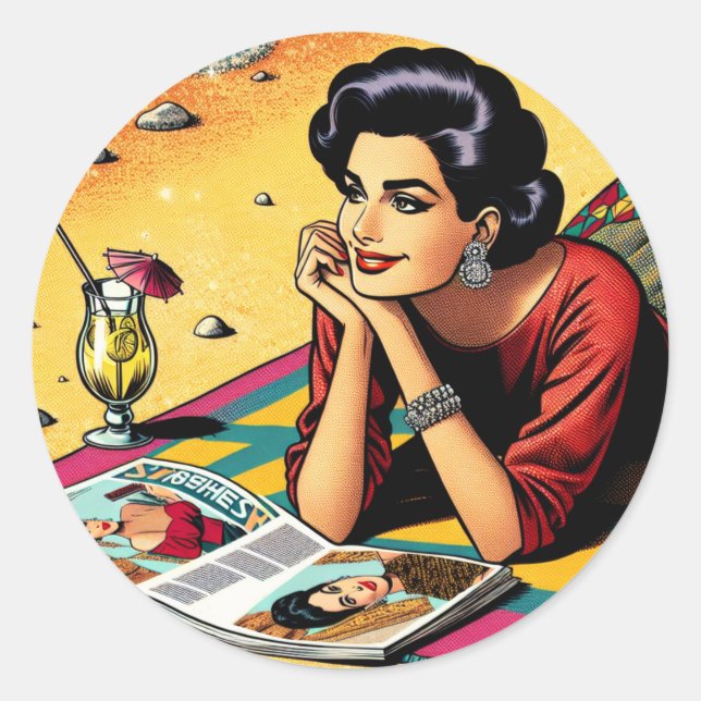 Sticker Rond Retro Lady at Beach Daydreabout Fashion (Devant)