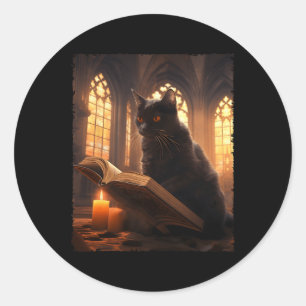 Sticker Rond Retro Livre de lecture de chat noir Vintage Hallow