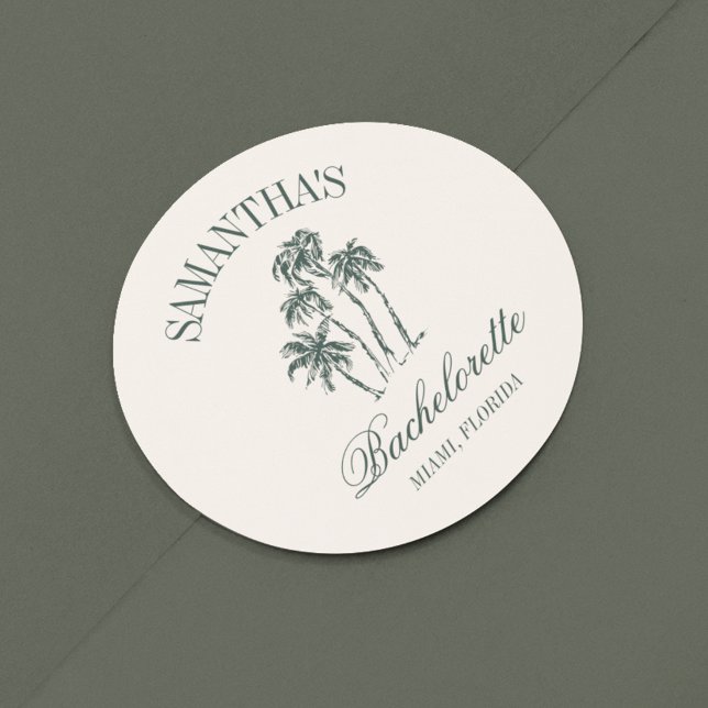 Sticker Rond Retro Luxe Beach Bachelorette Logo Palm Trees (Créateur téléchargé)