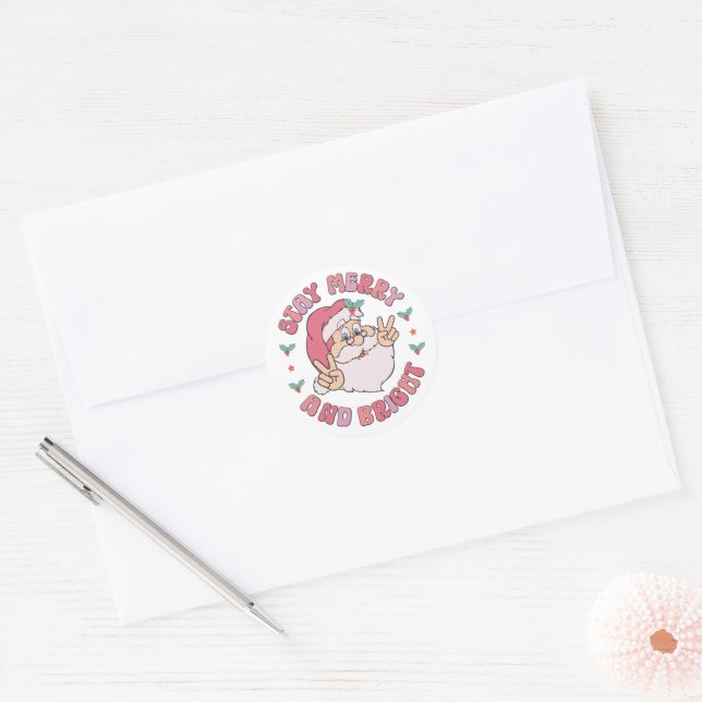 Sticker Rond Retro Merry & Bright Santa (Enveloppe)