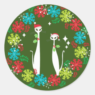 Sticker Rond Retro Mid-Century moderne Cool Chat Noël Wreath