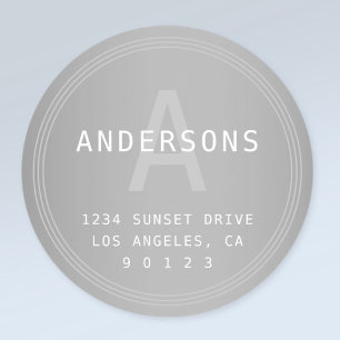 Sticker Rond Retro-moderne Silver Grey Look Monogramme et adres