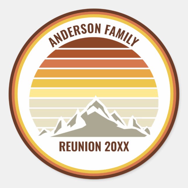 Sticker Rond Retro Mountain Sunset Custom Family Reunion Party (Devant)
