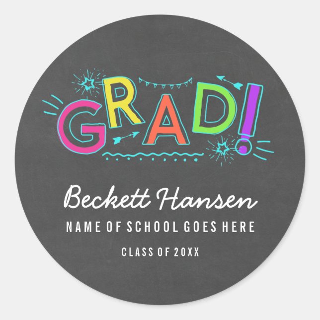 Sticker Rond Retro Neon Doodles Chalkboard Graduation (Devant)