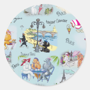 Sticker Rond Retro Paris Poodle Collage