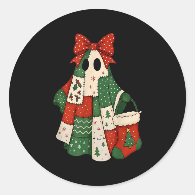 Sticker Rond Retro Patchwork Christmas Ghost Coquette Bow X-mas (Devant)