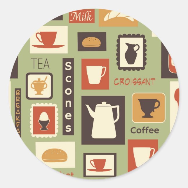 Sticker Rond Rétro pattern with kitchen dishes for breakfast (Devant)