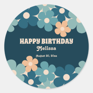 Sticker Rond Retro Peach Dark Green Boho Flower 40th Birthday