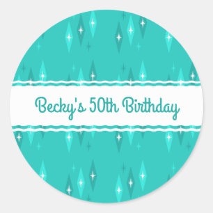 Sticker Rond Retro Personnalisé Anniversaire Fête Turquoise