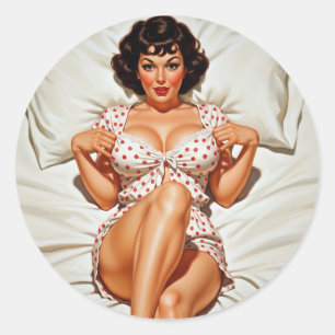 Sticker Rond Retro Pin-up Girl avec Red Polka Dot PJ's