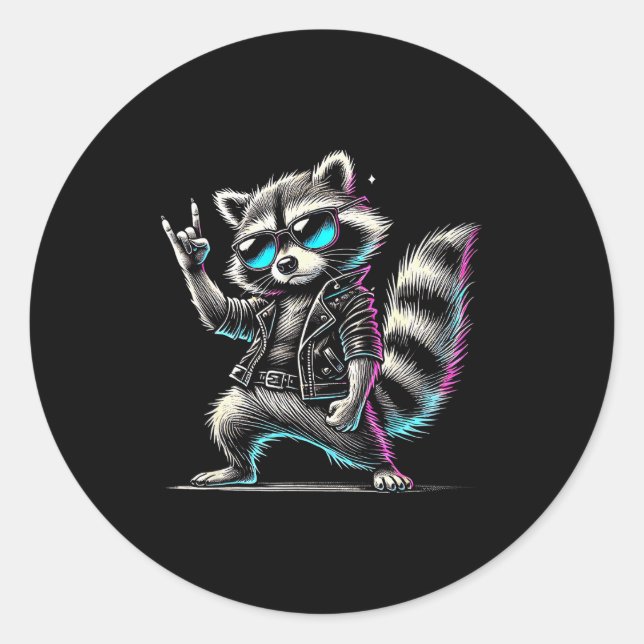 Sticker Rond Retro Raccoon Rock Music Funny Gift For Men Women  (Devant)