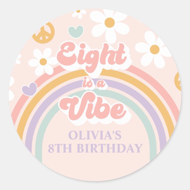 Sticker Rond Retro Rainbow Eight est un Vibe 8e anniversaire (Devant)