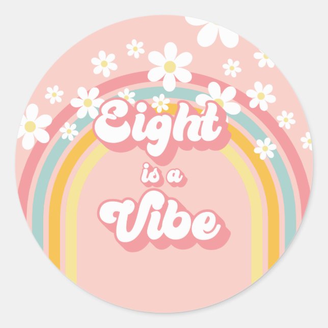Sticker Rond Retro Rainbow Eight est un Vibe Super 8e anniversa (Devant)