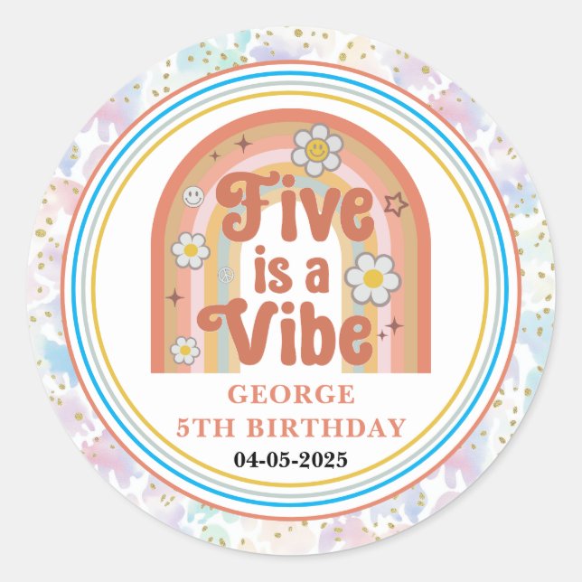 Sticker Rond Retro Rainbow FIVE is a Vibe Groovy 5th Birthday (Devant)
