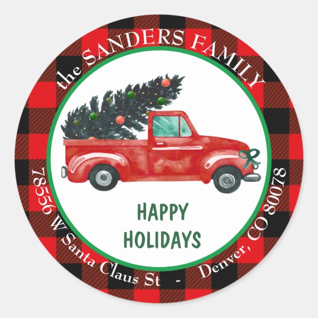 Sticker Rond Retro Red Truck2 Christmas Tree Adresse de retour (Devant)