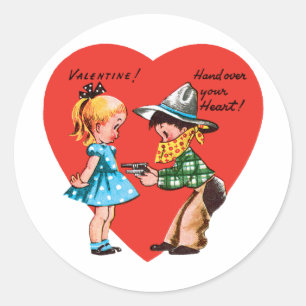 Sticker Rond Retro Saint-Valentin, Cowboy Vintage avec fille