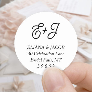 Sticker Rond Rétro Script Monogramme Mariage Arrondi Adresse de