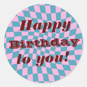 Sticker Rond Retro Seventies Chèques Déformés Joyeux Anniversai