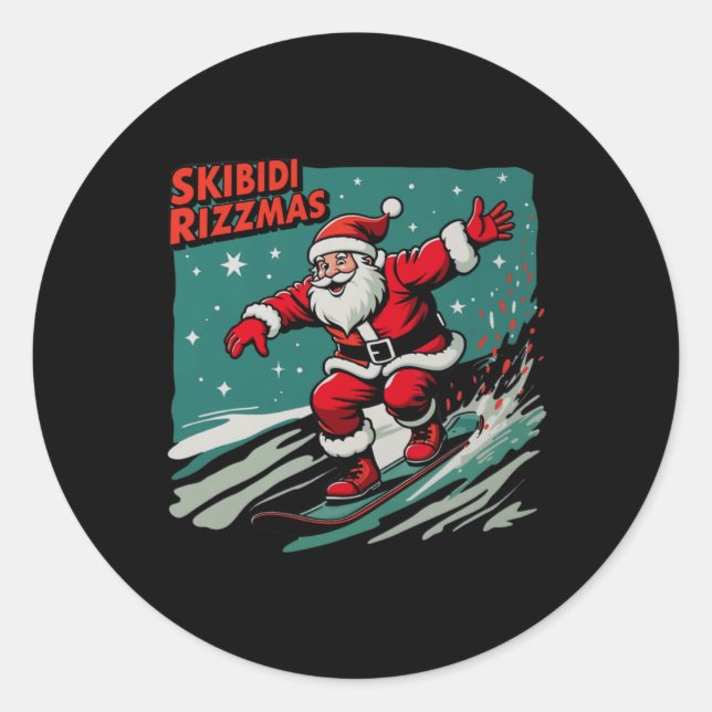 Sticker Rond Retro Skibidi Rizzmas Funny Santa Clause Patinage  (Devant)