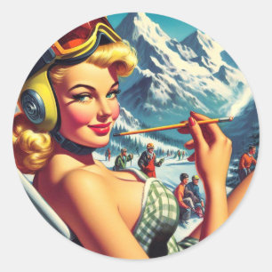 Sticker Rond Retro Snowboard Girl