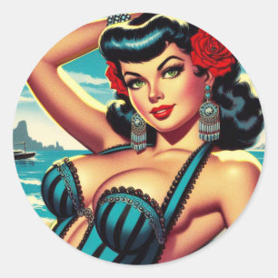 Sticker Rond Retro Summer Beach Pin-up