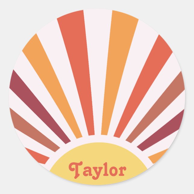 Sticker Rond Retro Sunset Sun Rays Nom personnalisé (Devant)