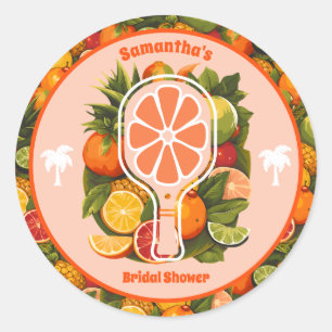 Sticker Rond Retro Tropical Citron Pickleball Shower de Mariage