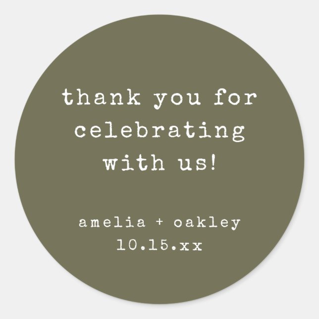Sticker Rond Retro Typewriter Olive Custom Wedding Thank You (Devant)