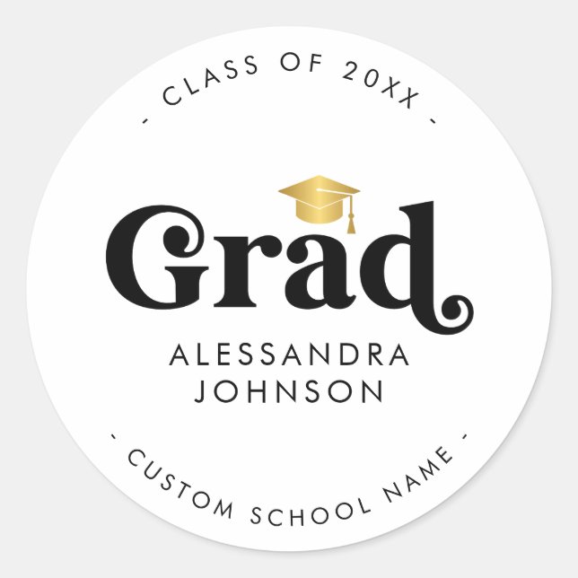 Sticker Rond Rétro Typographie Graduation Nom du diplômé Modern (Devant)