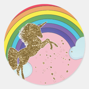 Sticker Rond Retro Unicorn Rainbow & Gold Stars Anniversaire