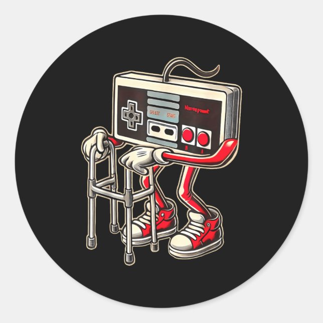 Sticker Rond Retro Video Game Controller With Walker Funny Game (Devant)