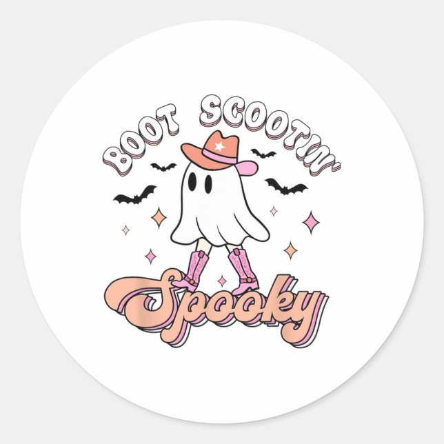 Sticker Rond Retro Western Halloween Cute Ghost Funny Boot Scoo (Devant)