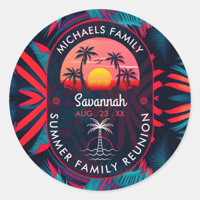 Sticker Rond Réunion en famille Summer Sunset Beach Palmier (Devant)