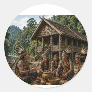 STICKER ROND RÉUNION TRIBALE DAYAK À LA LONGUE MAISON TRADITION