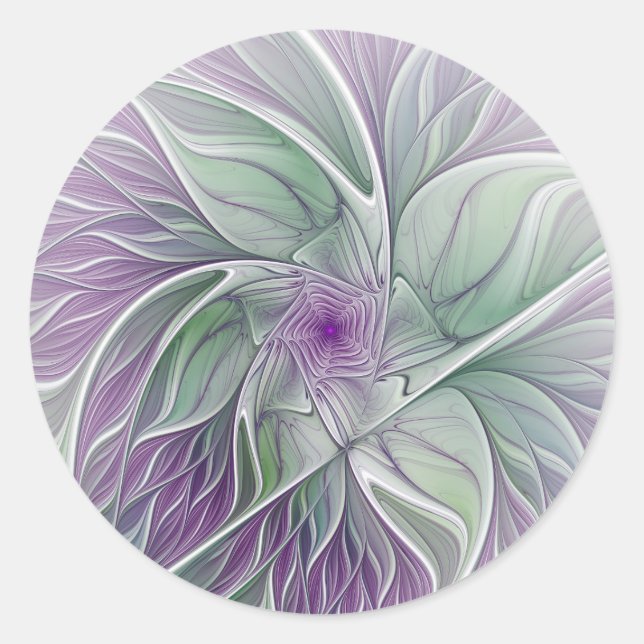 Sticker Rond Rêve de Fleur, Art Fractal Abstrait Violet Vert (Devant)
