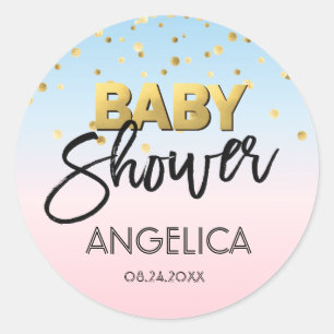 Sticker Rond Révéler le genre Baby shower bleu rose or Étiquett