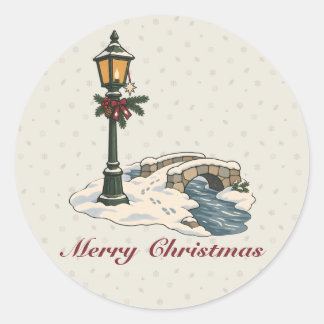 Sticker Rond Réverbère de Noël nordique près d'un pont de pierr