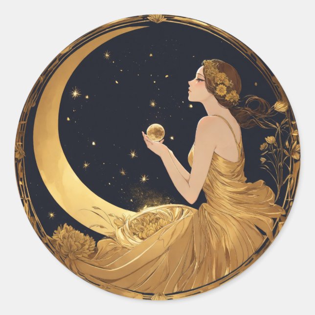 Sticker Rond Rêves célestes : Lune minimaliste & Mur étoile D (Devant)